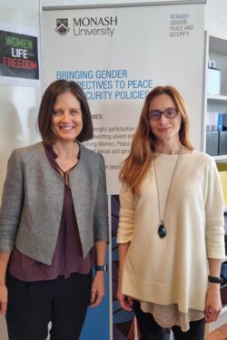 Photograph of Dr Cristina G. Stefan and Professor Jacqui True at the ARC Centre of Excellence for The Elimination of Violence Against Women at Monash University.